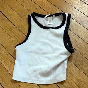 Girls' White Tank Top with Black Trim - Classic Ribbed Style